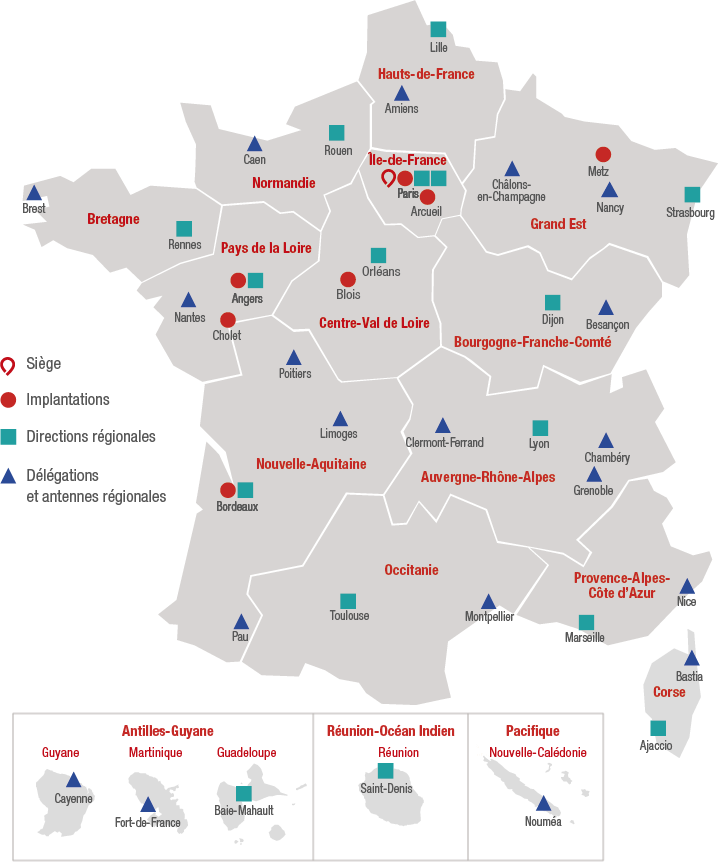 Carte des implantations de la Caisse des Dépôts en France